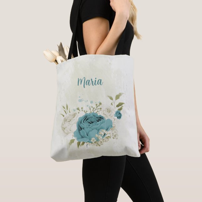 blue and white flowers tote bag (Close Up)