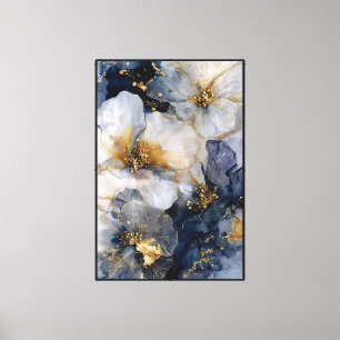Blue and White Flowers with Gold Veins – Abstract Canvas Print
