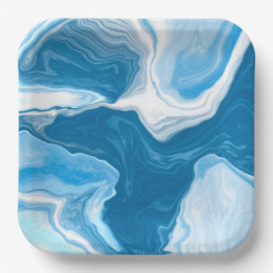 Blue and white Fluid Art Marble Paper Plate