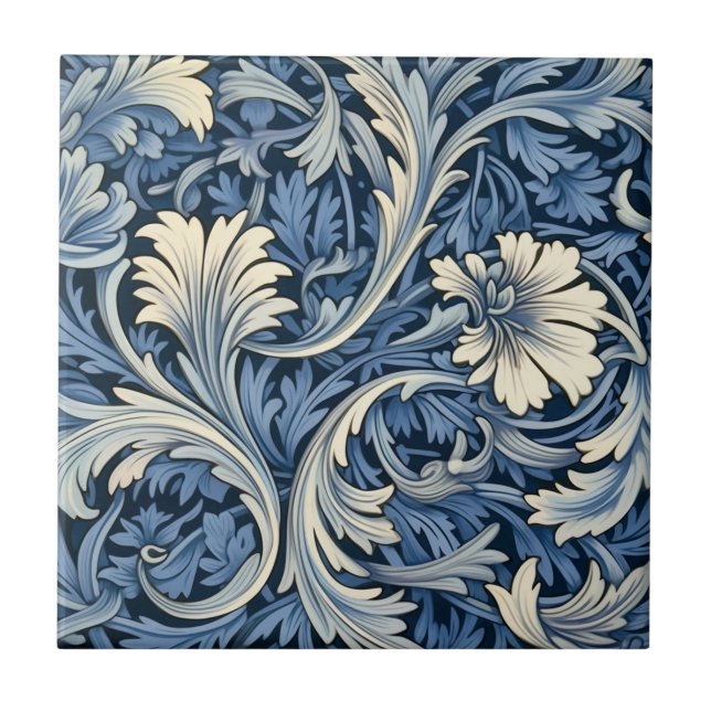 Blue and White Foliate Pattern Tile (Front)