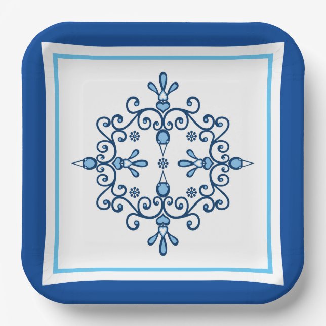 Blue and white folk art birds Paper Plate (Front)