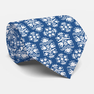 Blue and White Folk Art Floral Damask Tie