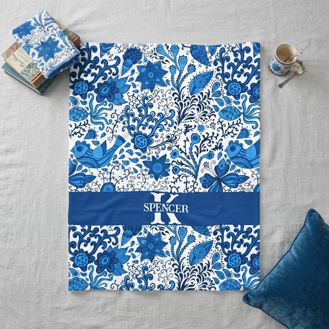 Blue and White Folk Art Monogram Fleece Blanket (Creator Uploaded)