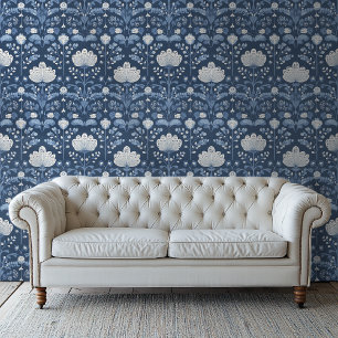 Blue and White Folk Art Pattern Wallpaper