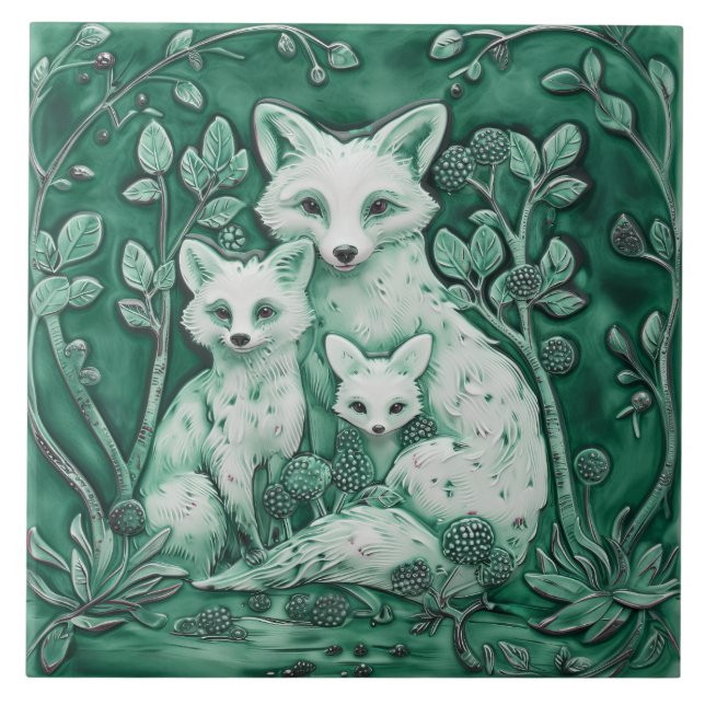 Blue and White Fox Family Wood Animals Tile (Front)