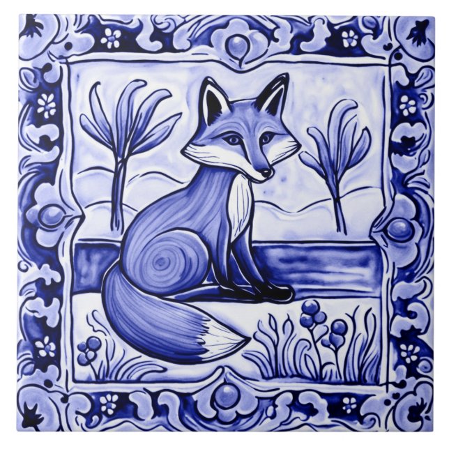 Blue and White Fox Mediterranean Folk Animal Art Tile (Front)
