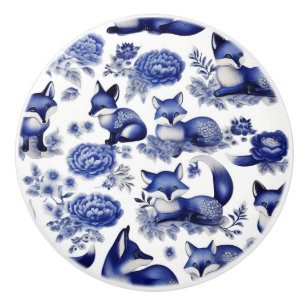 Blue and White Foxes Custom Ceramic Knob