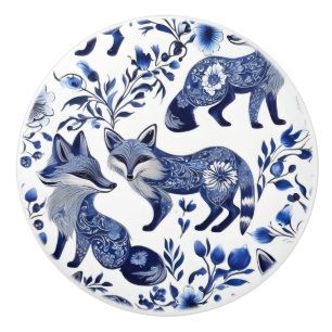 Blue and White Foxes Custom Ceramic Knob