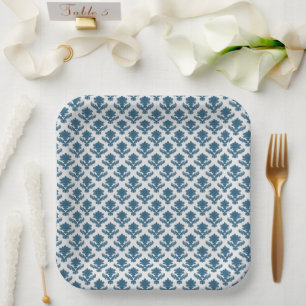 Blue and White French Flourishes Paper Plate
