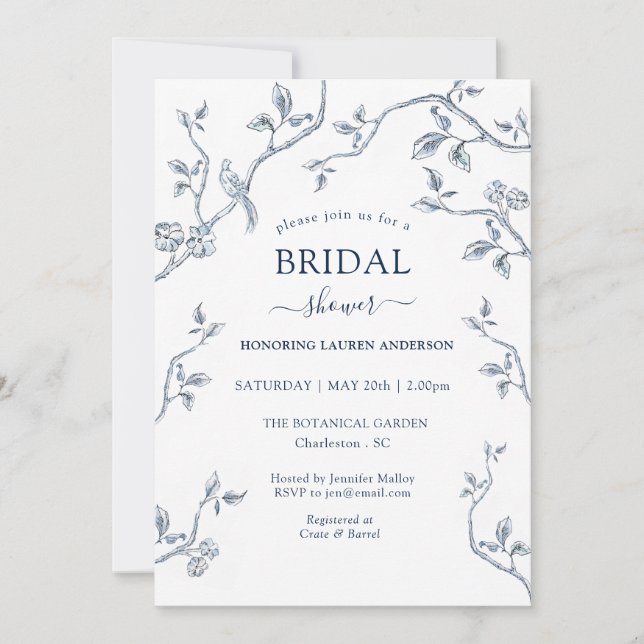 Blue and White French toile Bridal shower Invitation (Front)