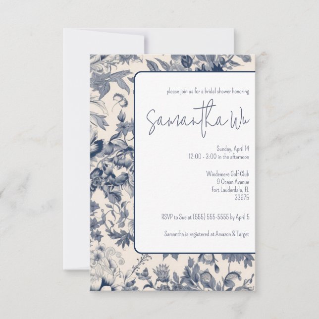 Blue and White French Toile Bridal Shower Invitation (Front)