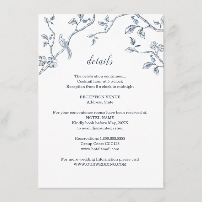 Blue and white French Toile Wedding details  Enclosure Card (Front)