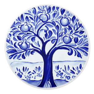 Blue and White Fruit Tree Mediterranean Folk Art Ceramic Knob