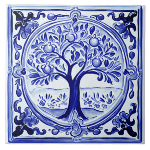 Blue and White Fruit Tree Mediterranean Folk Art Tile