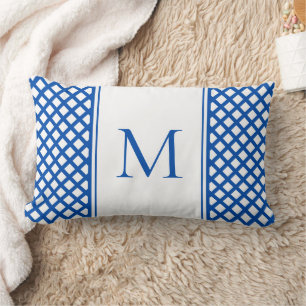 Blue and White Garden Trellis Monogram Lumbar Cushion