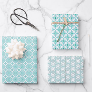 Blue and White Geometric Elements Mosaic Wrapping Paper Sheet