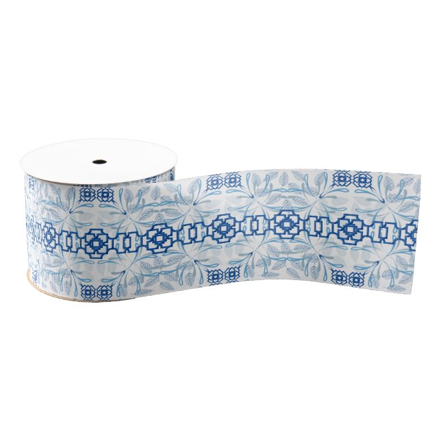 Blue and White Geometric Floral Chinoiserie Grosgrain Ribbon (Spool)