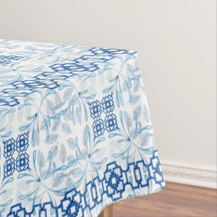 Blue and White Geometric Floral Chinoiserie Tablecloth