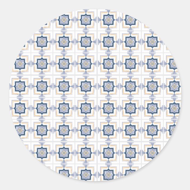 Blue and white geometric pattern  classic round sticker (Front)