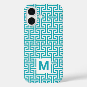 Blue and White Geometric Pattern Monogram iPhone 16 Case