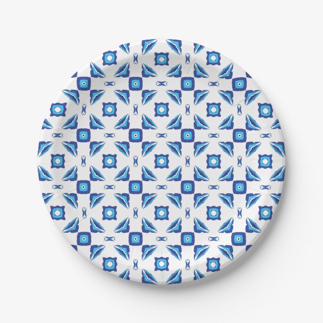 Blue and white geometric pattern paper plate (Front)