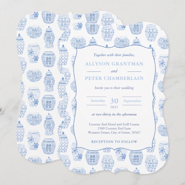 Blue And White Ginger Jar Chinoiserie Wedding Invitation (Front/Back)