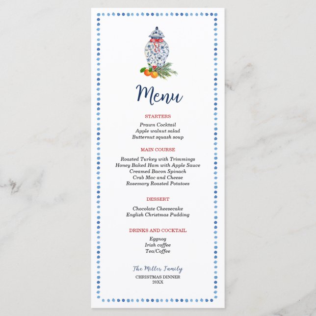 Blue and white Ginger Jar Christmas dinner Menu (Front)