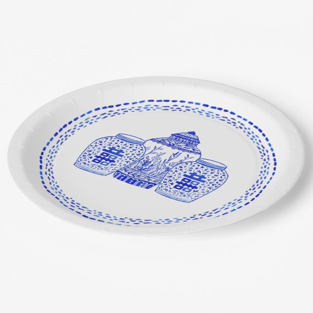 Blue and White Ginger Jar Paper Plates Watercolor (Angled)