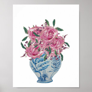 Blue and White Ginger Jar Pink Roses Art Print