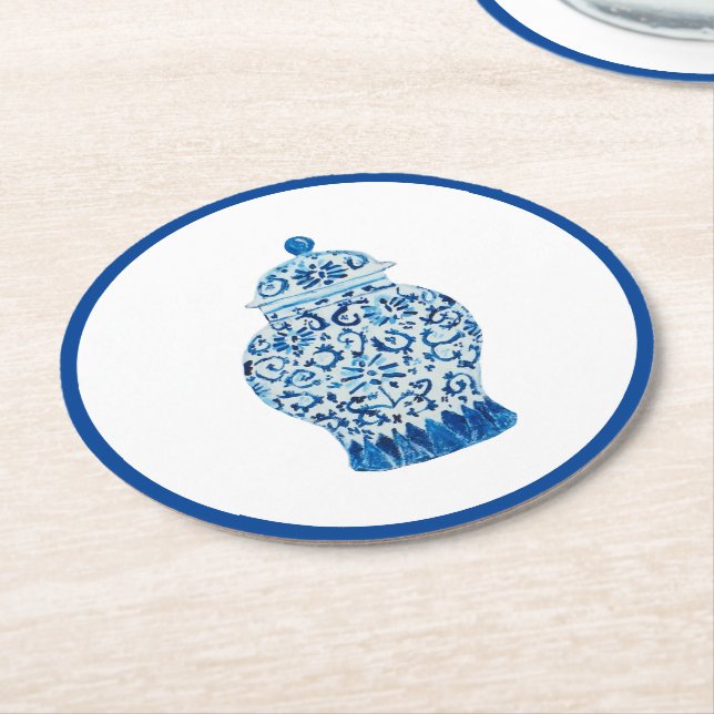 Blue and White Ginger Jar Round Paper Coaster (Angled)