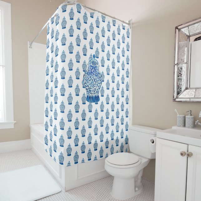 Blue and White Ginger Jar Shower Curtain (In Situ)