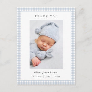 Blue and white Gingham Baby Boy Birth Announcement Postcard