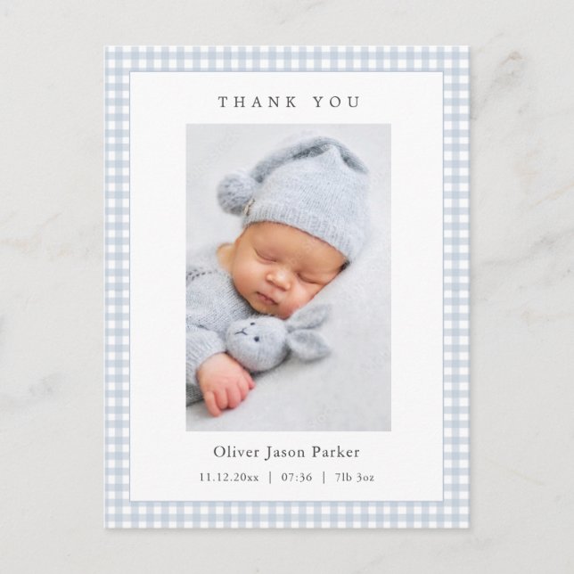 Blue and white Gingham Baby Boy Birth Announcement Postcard (Front)