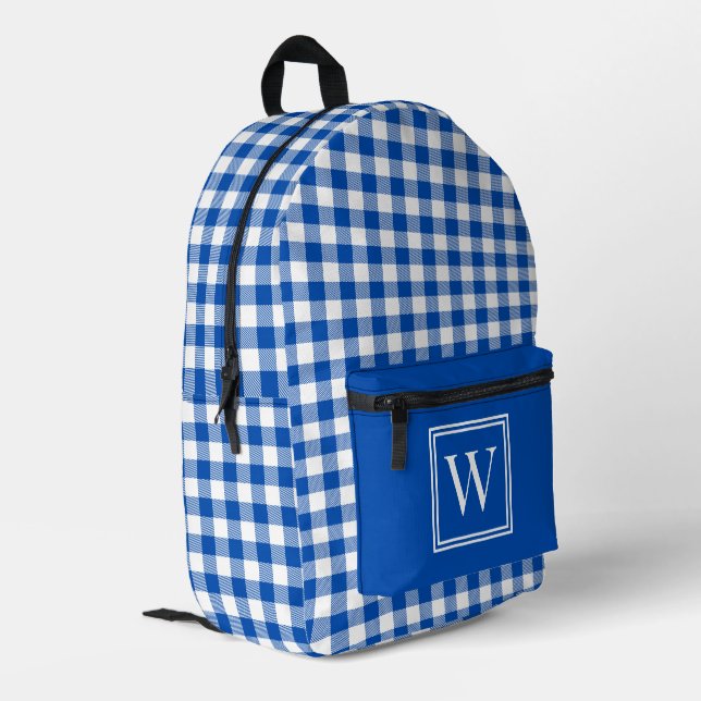 Blue and White Gingham Check Plaid Monogram Printed Backpack (Back Corner Left)