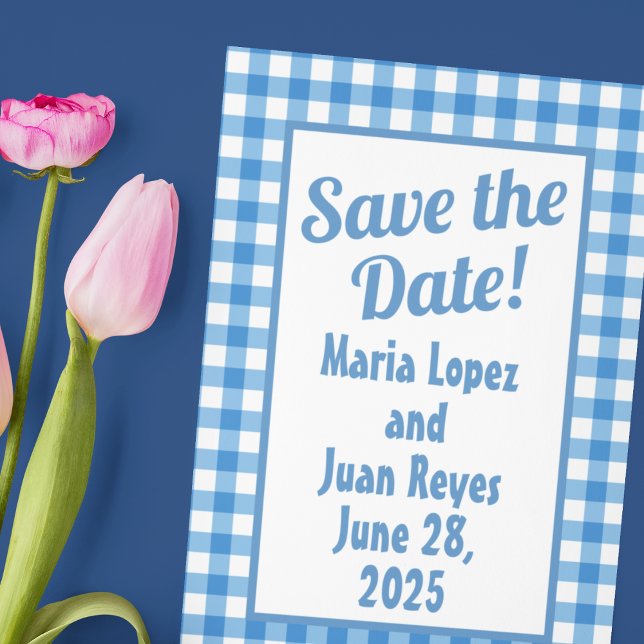 Blue and White Gingham Frame Save-the-Date Postcard (Creator Uploaded)