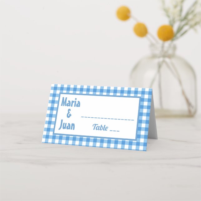 Blue and White Gingham Frame Wedding Place Card (Front)
