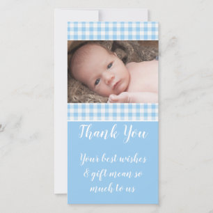 Blue and white gingham new baby thanks photo thank you card