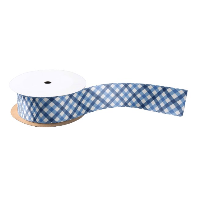 Blue and white gingham pattern ribbon satin ribbon (Spool)