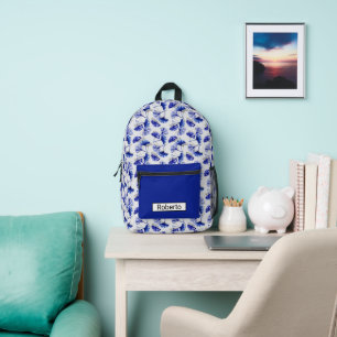 Blue and white gingko leaf  printed backpack