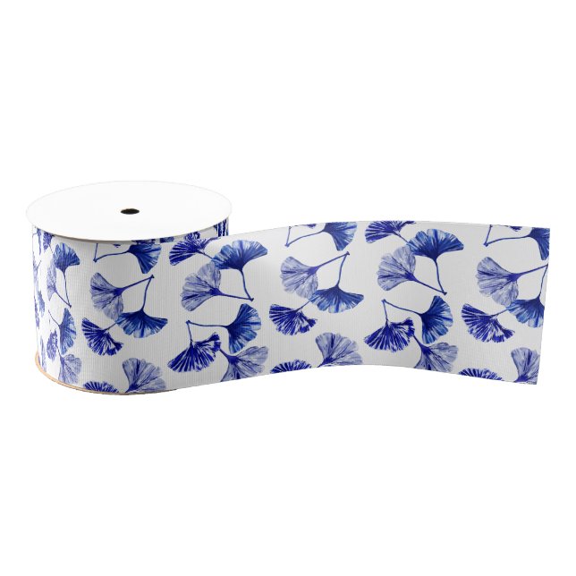 Blue and white gingko leaves grosgrain ribbon (Spool)