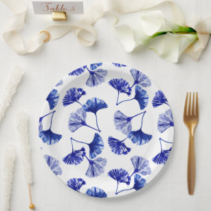 Blue and white gingko leaves paper plate