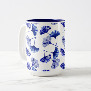 Blue and white gingko leaves Two-Tone coffee mug