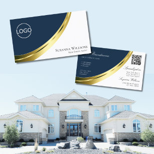 Blue and White Gold Decor with Logo and QR-Code Business Card