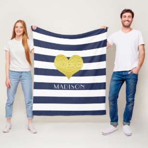 Blue And White Gold Heart Pattern Print Name Fleece Blanket