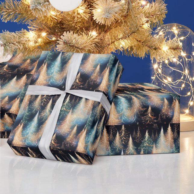 Blue and White Gold Trees Modern Christmas Wrapping Paper (Holidays)