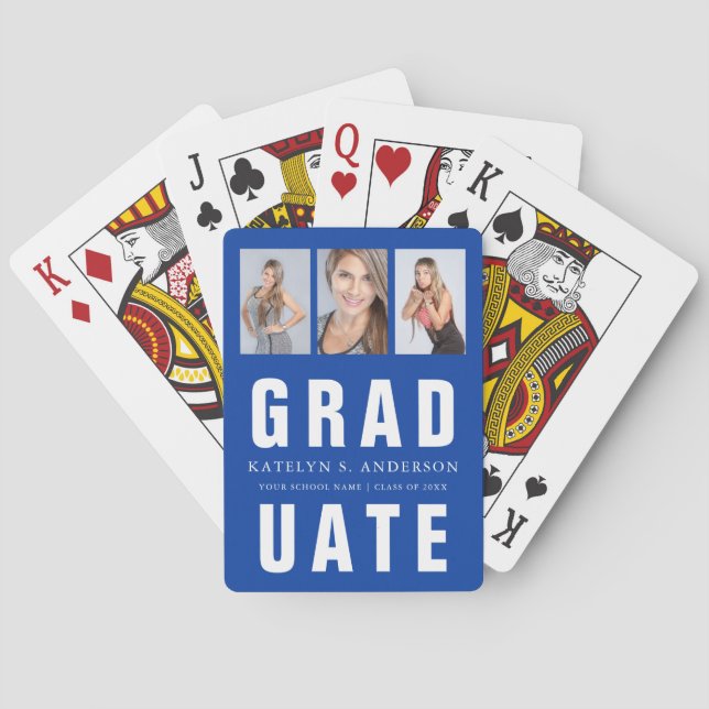 Blue and White Graduation Photo Collage Custom Playing Cards (Back)