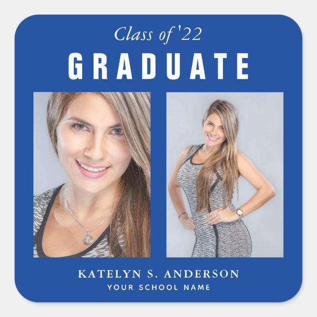 Blue and White Graduation Photo Collage Square Sticker (Front)