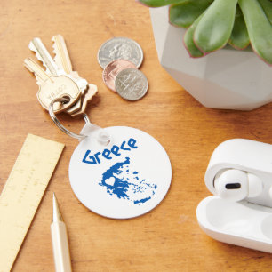 Blue and White Greece Map Key Ring
