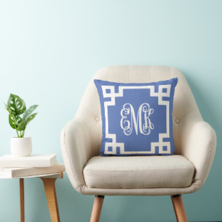 Blue and White Greek Key Script Monogram Cushion
