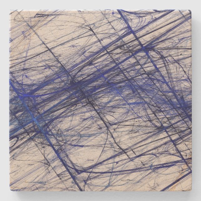 Blue and White Grunge Fractal Square Stone Coaster (Front)